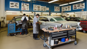 "Cars in a Professional Collision Repair Workshop with Technicians Expertly Restoring Vehicles to Pre-Collision Glory"